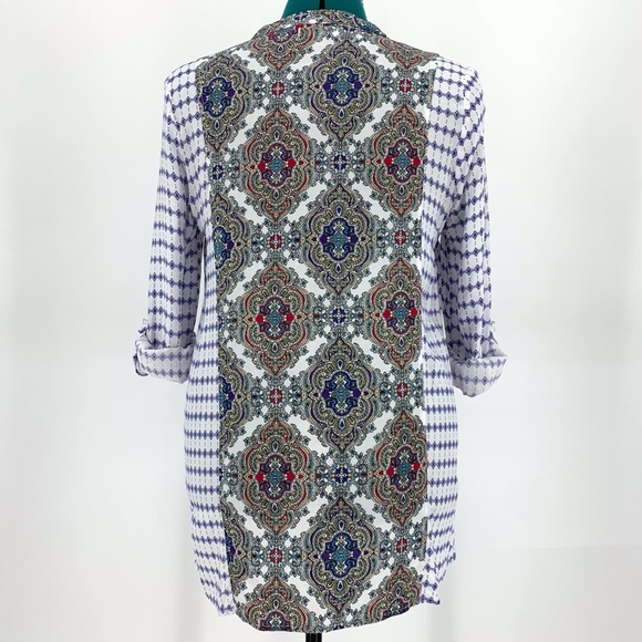 Kori Paisley Accent Boho Rolled Sleeve Button Down V-Neck Blouse, Medium - Picture 7 of 16